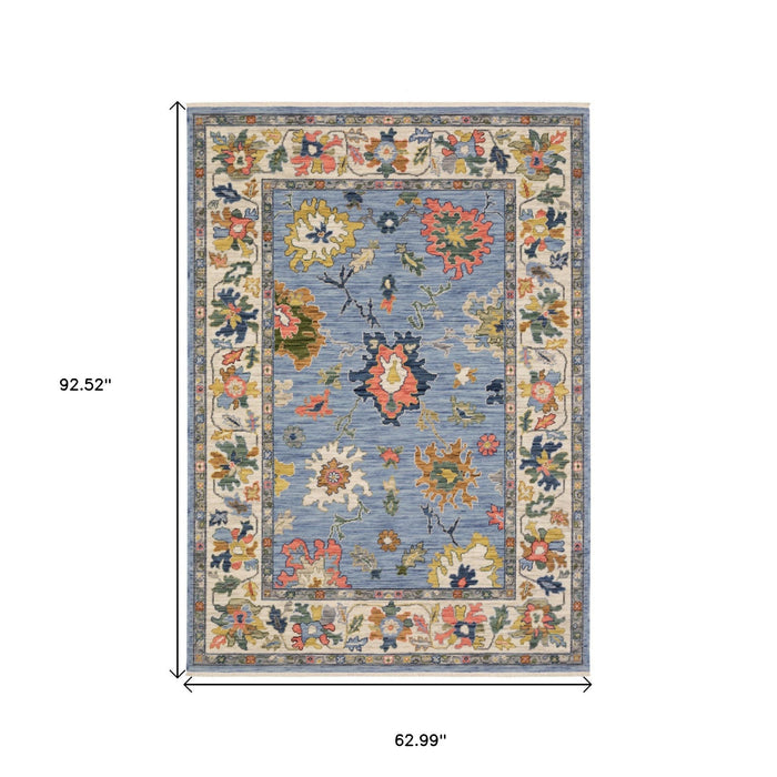 5' X 8' Oriental Area Rug With Fringe - Blue And Salmon