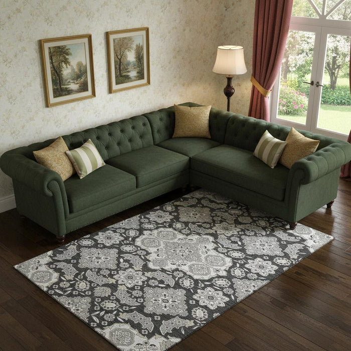 10' X 14' Floral Medallion Washable Area Rug With UV Protection (705833) - Charcoal / Gray