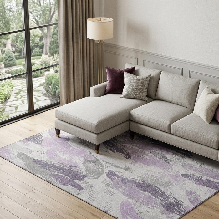 10' X 14' Abstract Washable Area Rug With UV Protection (694658) - Lavender / Ivory / Gray