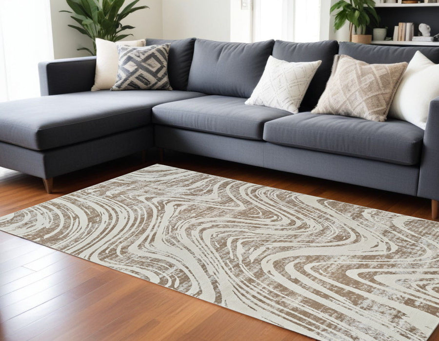 7.9' x 7.9' Modern Abstract Distressed Polypropylene Area Rug - Beige And Brown