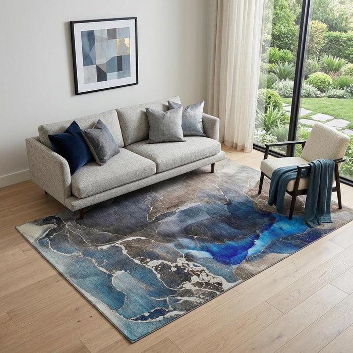 5' X 8' Abstract Washable Area Rug With UV Protection (646682) - Navy Blue / Charcoal