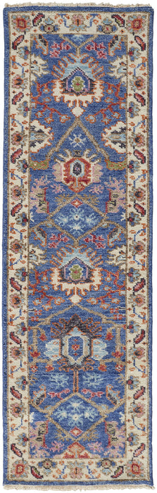 8' Wool Floral Hand Knotted Stain Resistant Runner Rug - Blue And Red