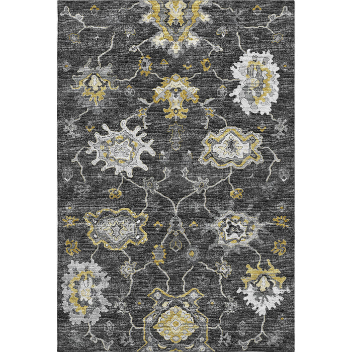 8' X 10' Floral Medallion Distressed Washable Area Rug With UV Protection (644614) - Graphite / Ivory / Gold
