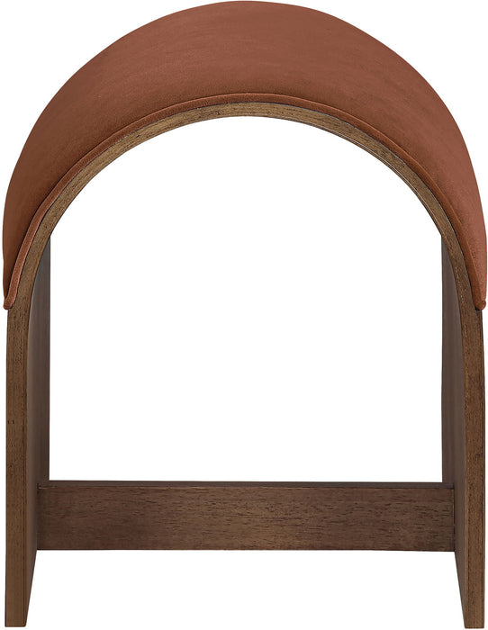 Meridian Furniture Sable velvet upholstered bench with plush cushioning and sleek wooden legs, ideal for living room or bedroom.