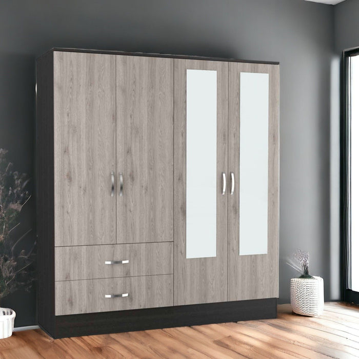 Four Door Wardrobe Closet With Mirrors - Light Oak / Black