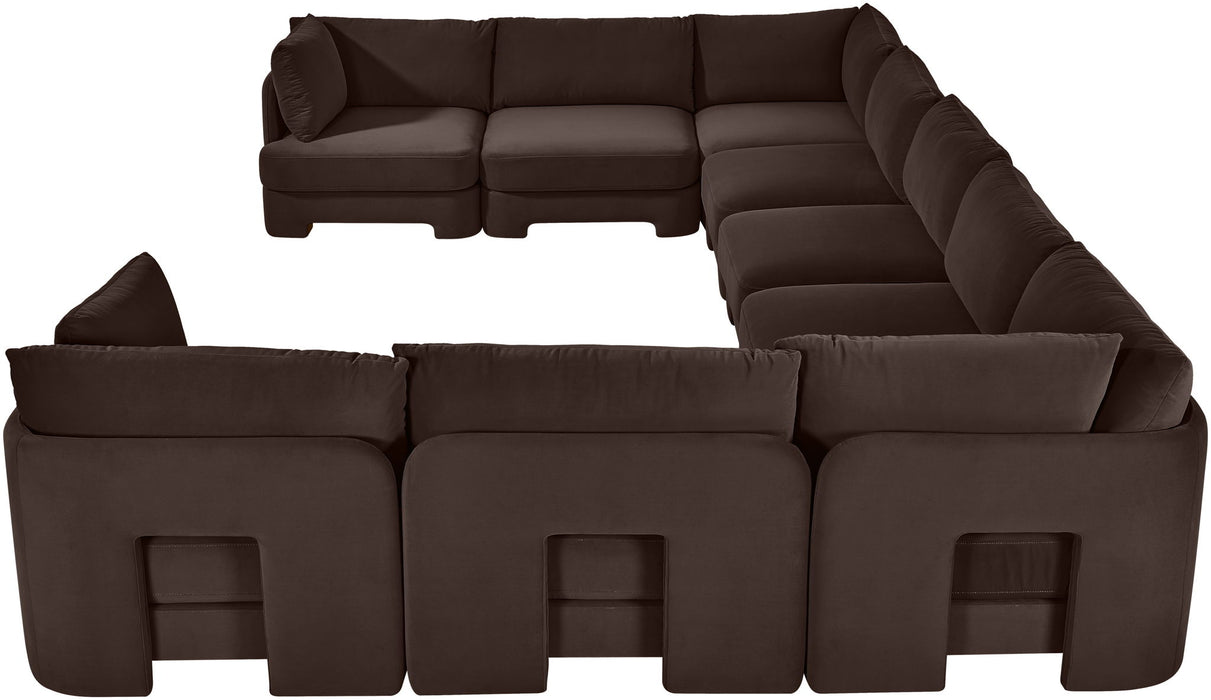Velvet performance fabric Meridian Furniture 9-piece sectional sofa with plush cushions and modern design, perfect for living rooms.
