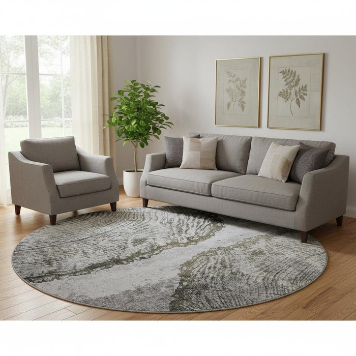 8' Woodland Lodge Washable Round Rug With UV Protection (653740) - Gray / Ivory