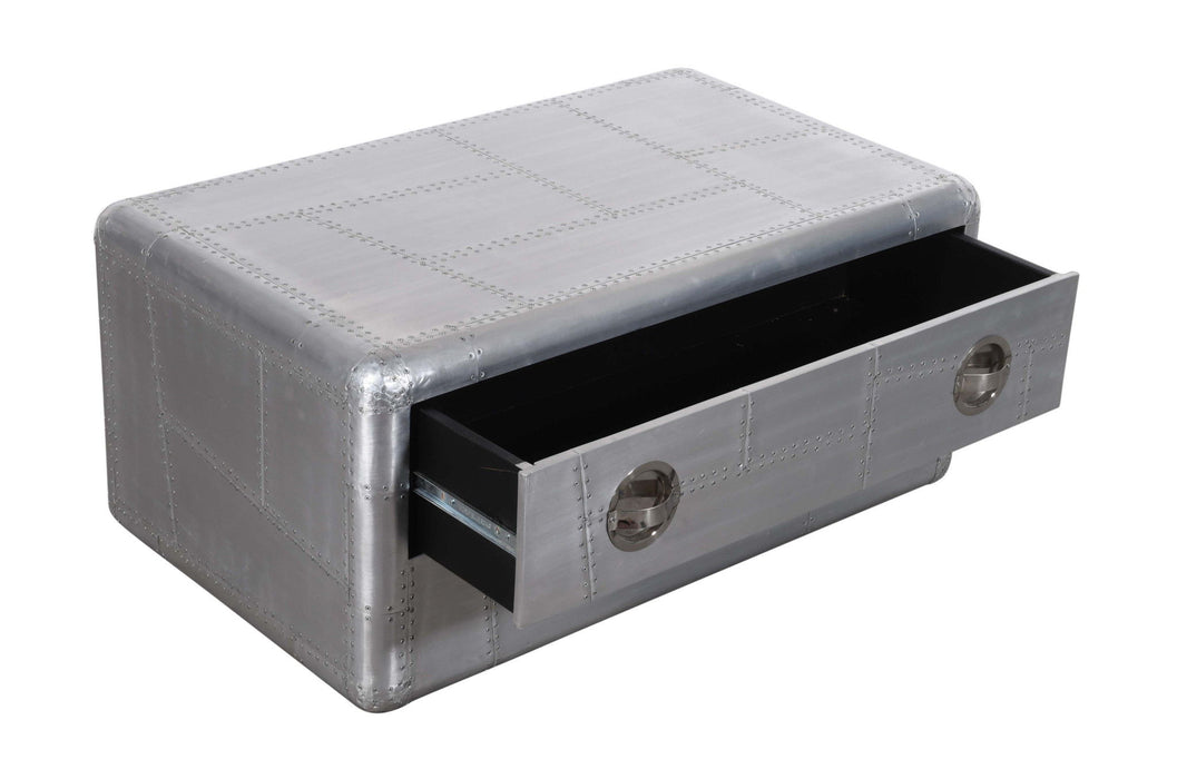 40" Aluminum Aviation Style Coffee Table With Drawer - Silver