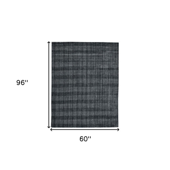 5' X 8' Wool Plaid Hand Woven Area Rug - Charcoal And Gray