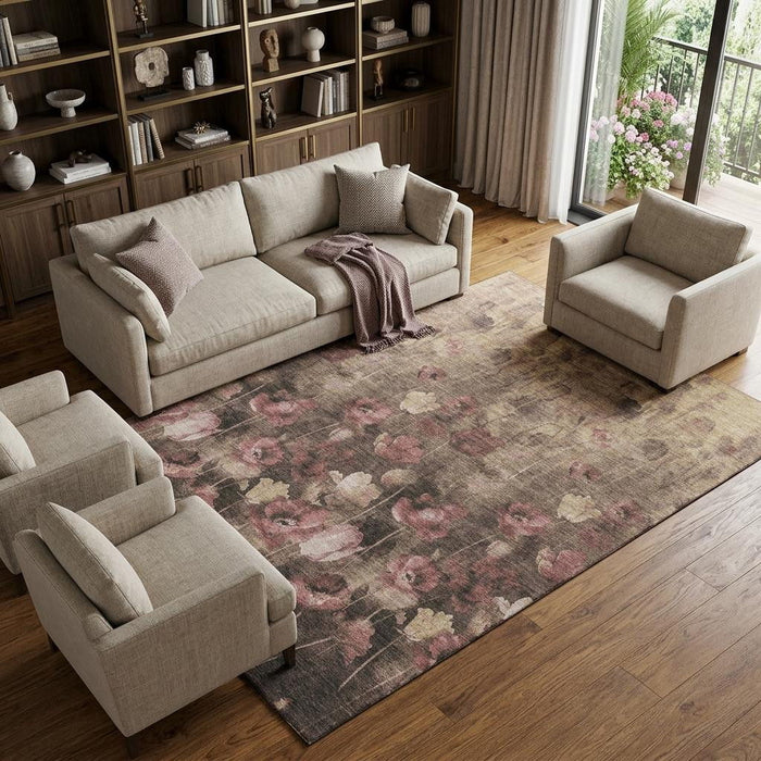 10' X 14' Floral Washable Area Rug With UV Protection (678197) - Taupe / Pink / Beige