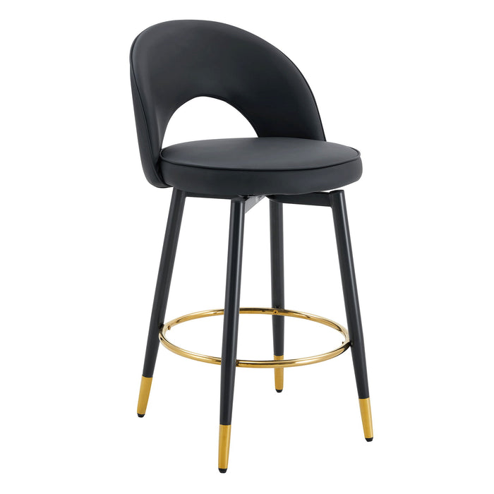 Set of two Giga modern upholstered bar stools with 360° swivel, metal legs, ideal for dining room seating.