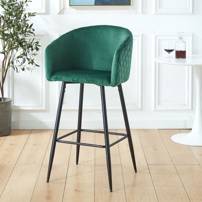 Set of 2 Giga black and green velvet upholstered counter height bar stools with metal legs for pub, restaurant, or kitchen island.