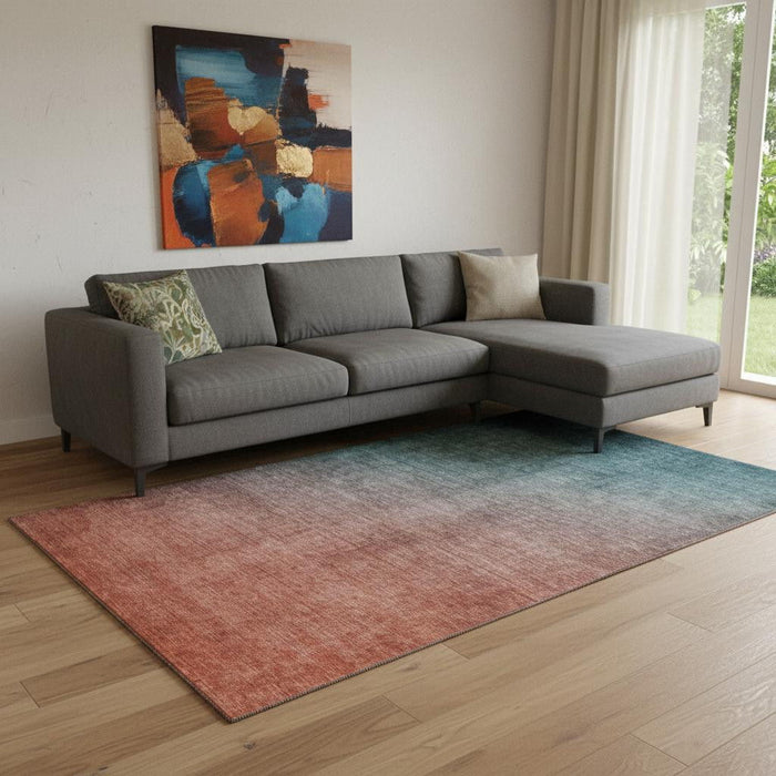 8' X 10' Ombre Washable Area Rug With UV Protection (649688) - Teal / Rust