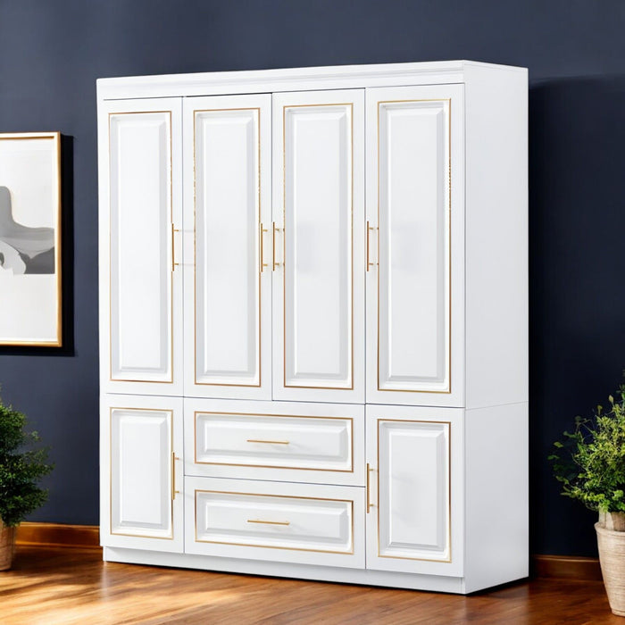HomeRoots 79-inch gold and white six-door two-drawer wardrobe dresser showing doors, drawers, and modern design details.