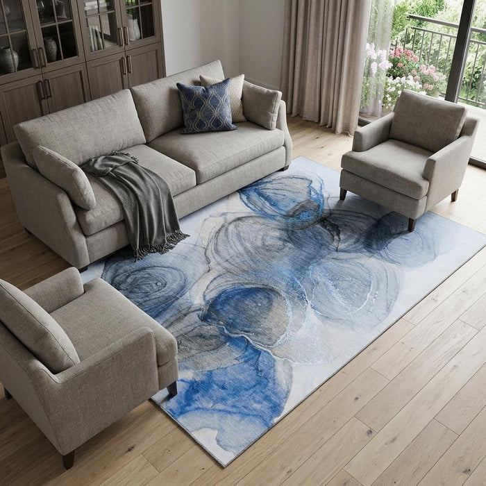 10' X 14' Abstract Washable Area Rug With UV Protection (647038) - Navy Blue / Ivory