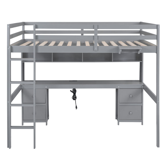 Giga loft bed with desk, cabinets, drawers, charging station, and bedside tray for efficient space saving and organization.