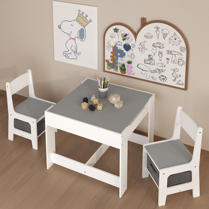 Giga kids table and chair set with 2-in-1 detachable top, white activity table with storage drawer for toddlers' crafts and reading