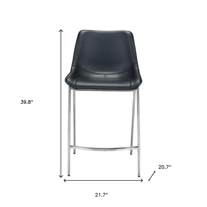 Set of two black and silver steel low back counter height bar chairs with sleek design and sturdy frame.