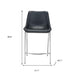 Set of two black and silver steel low back counter height bar chairs with sleek design and sturdy frame.