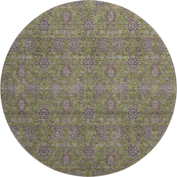 8' Floral Washable Round Rug With UV Protection (656846) - Olive Green / Beige