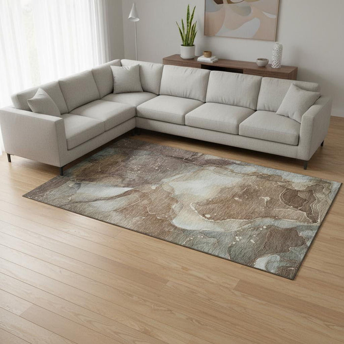 9' X 12' Abstract Washable Area Rug With UV Protection (647361) - Brown / Ivory / Gray