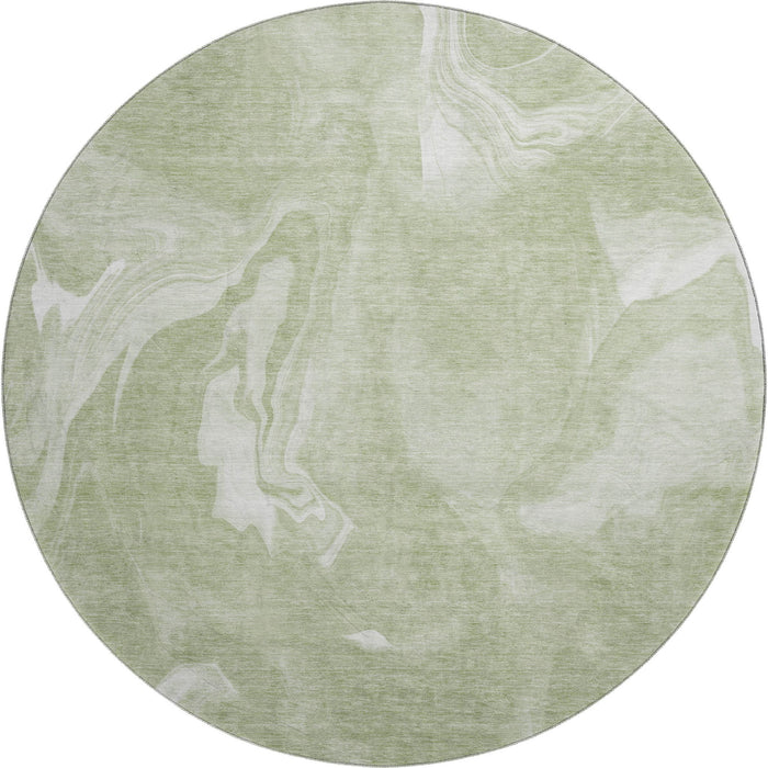 8' Abstract Washable Round Rug Polyester With UV Protection - Artichoke Green And Ivory