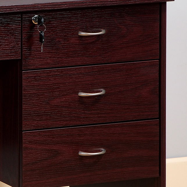 Giga mahogany writing desk with three locking drawers on metal glides, featuring metal bar handles and a modesty panel.