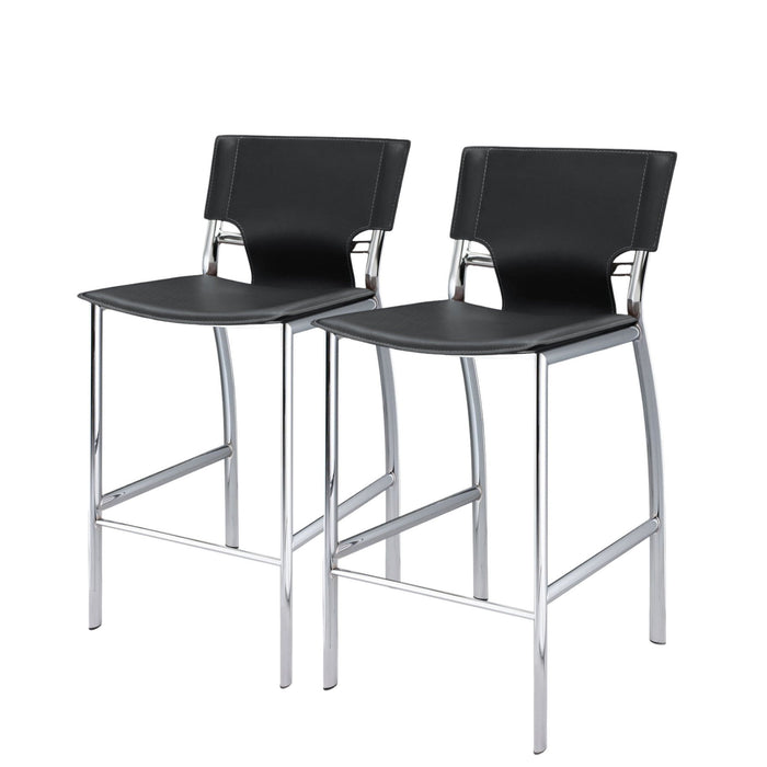 25" Faux Leather And Metal Low Back Counter Height Bar Chairs (Set of 2) - Black / Silver