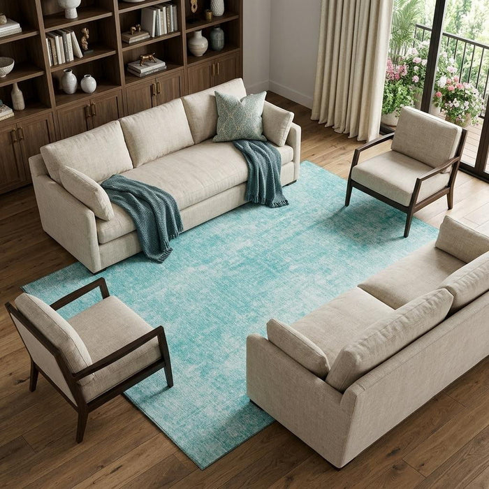 10' X 14' Abstract Washable Area Rug With UV Protection (654814) - Teal / Ivory