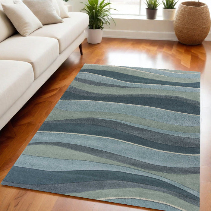 5' x 8' Abstract Waves Hand Tufted Wool Area Rug - Aquamarine