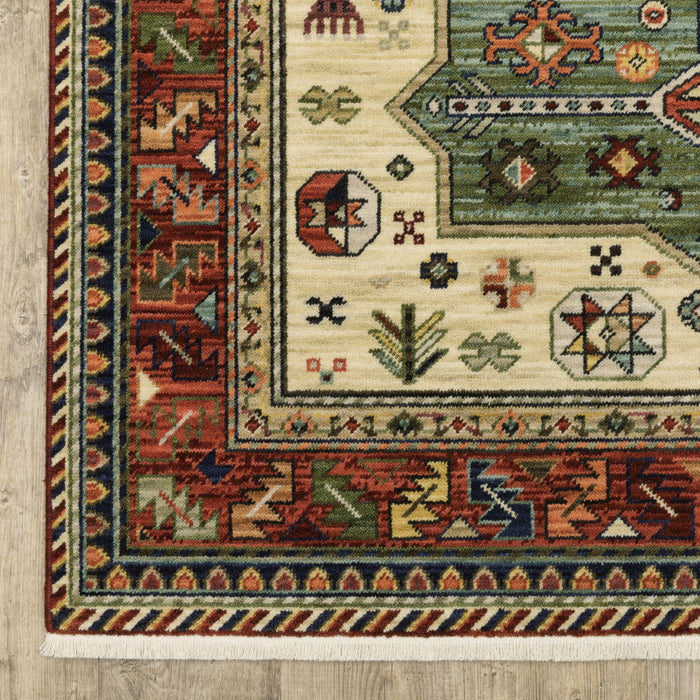 6' x 9' Oriental Power Loom Stain Resistant Area Rug With Fringe - Brick Red Orange Rust Beige Gold Pale Blue Olive Navy And Black