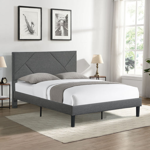 Gray Giga queen size upholstered platform bed frame with wood slat support and sturdy construction.