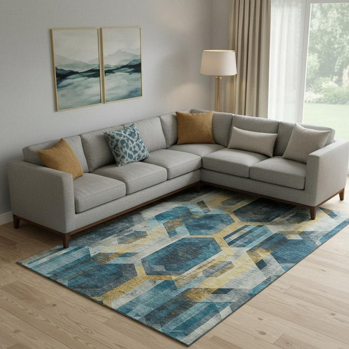10' X 14' Geometric Washable Area Rug With UV Protection (699124) - Teal / Gold / Silver