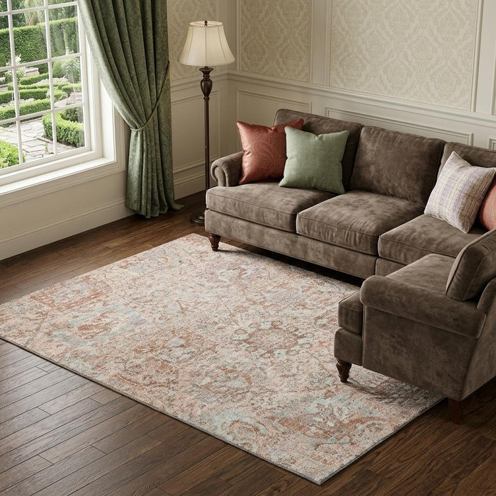10' X 14' Damask Washable Area Rug With UV Protection (684316) - Coral / Ivory / Rust