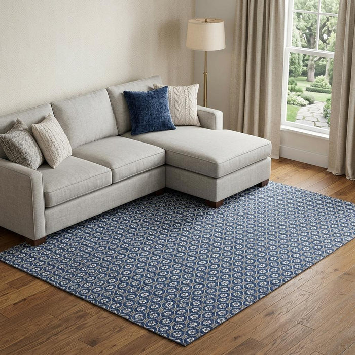 10' X 14' Geometric Washable Area Rug With UV Protection (693660) - Navy Blue / Gray / Silver