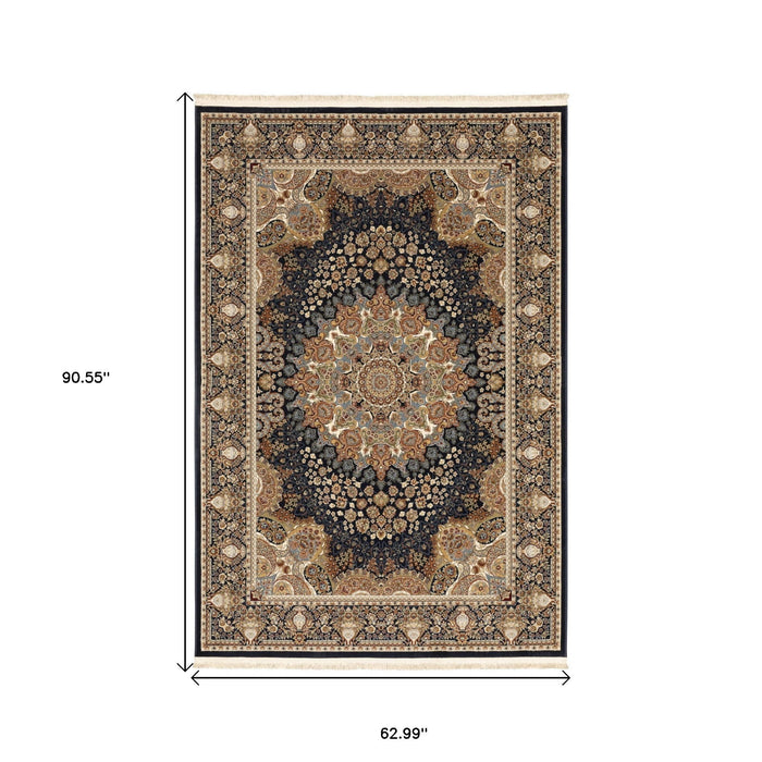5' X 8' Medallion Area Rug With Fringe - Navy Blue