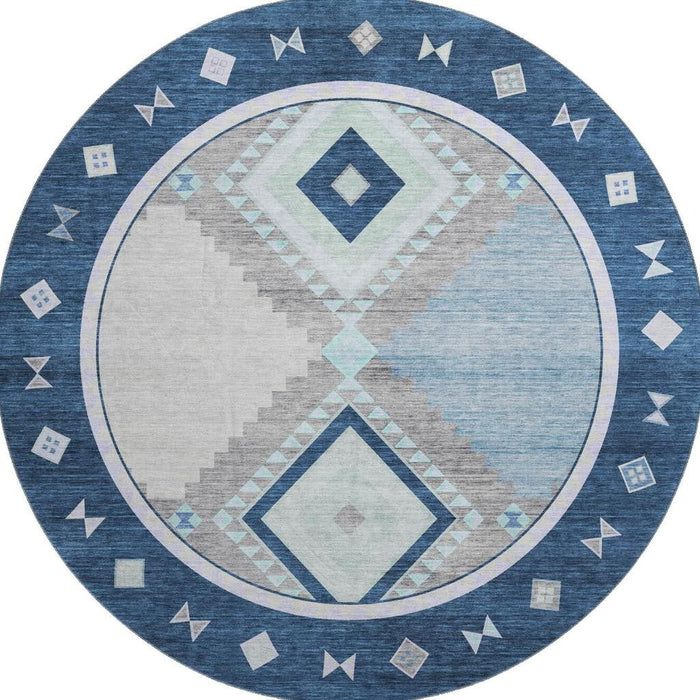 8' Southwest Geometric Washable Round Rug With UV Protection - Blue