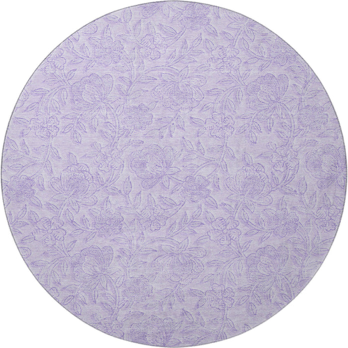 8' Floral Washable Round Rug With UV Protection - Lilac And Ivory