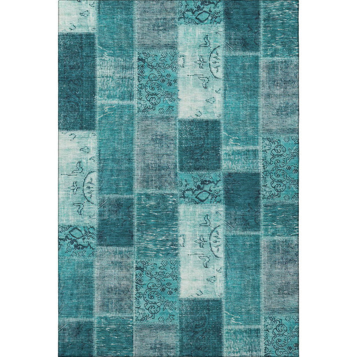 10' X 14' Patchwork Washable Area Rug With UV Protection (652971) - Teal / Ivory