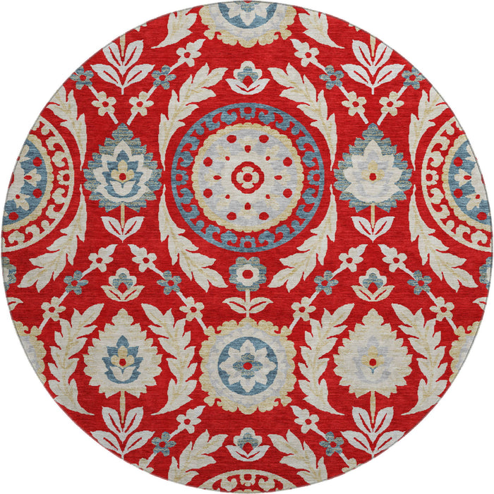 8' Floral Washable Round Rug With UV Protection - Red