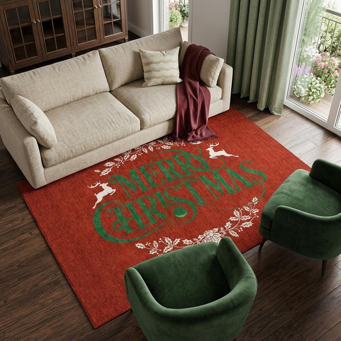 8' X 10' Christmas Washable Area Rug With UV Protection (646437) - Ruby Red / Green / Ivory