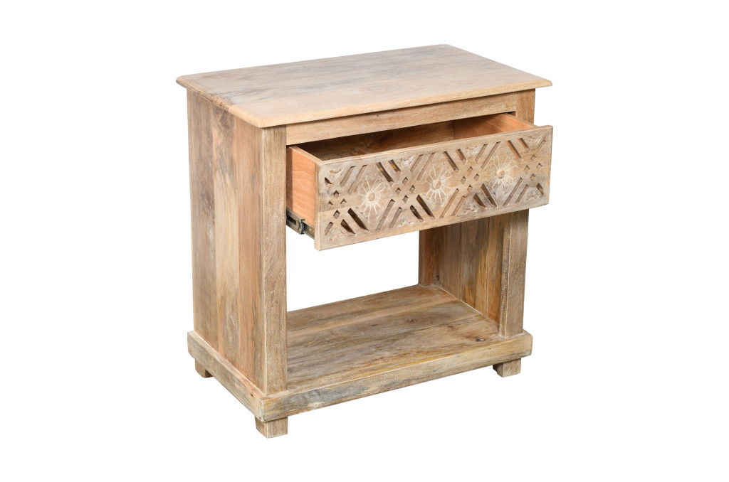 28" Solid Wood Carved Geometric One Drawer Nightstand - Natural