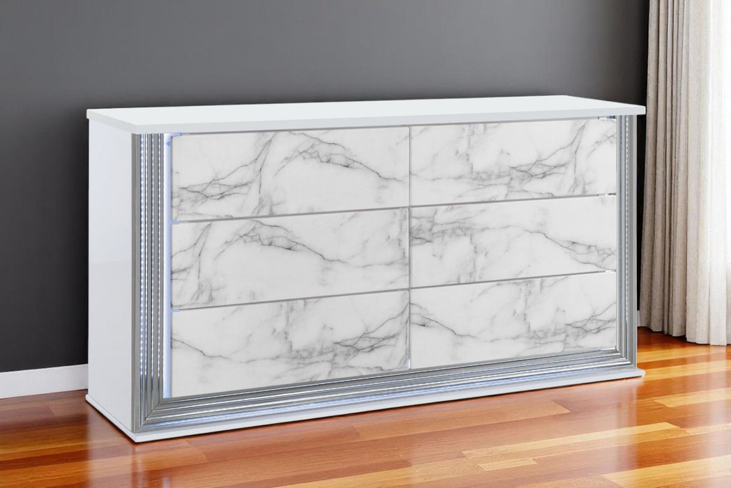 61" Faux Marble And Wood Lighted Six Drawer Double Dresser - White