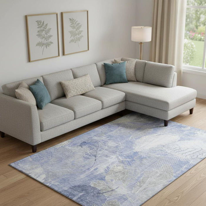 10' X 14' Floral Washable Area Rug With UV Protection (705737) - Denim Blue / Ivory