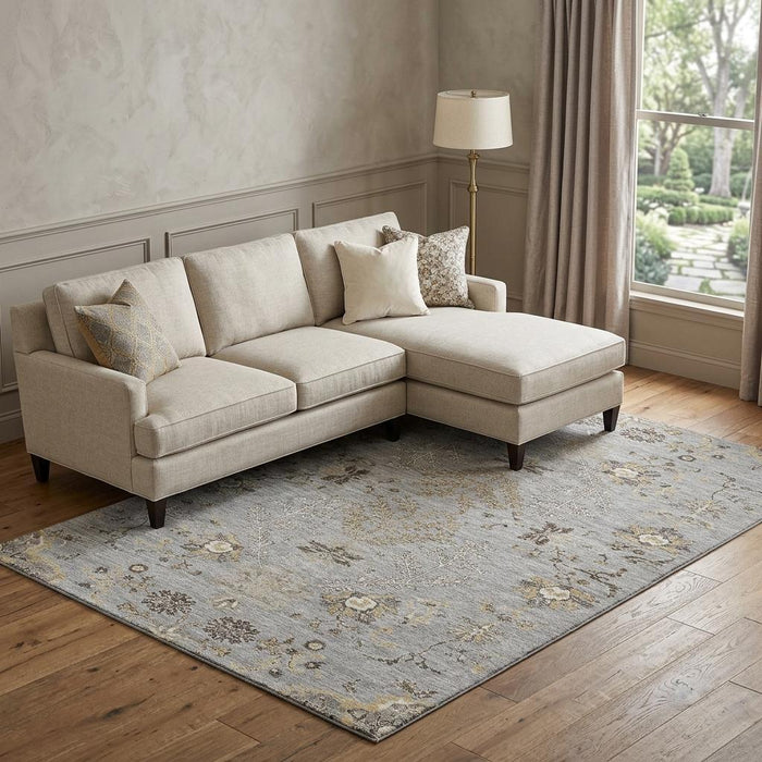 10' X 14' Floral Washable Area Rug With UV Protection (687059) - Gray / Ivory / Gold