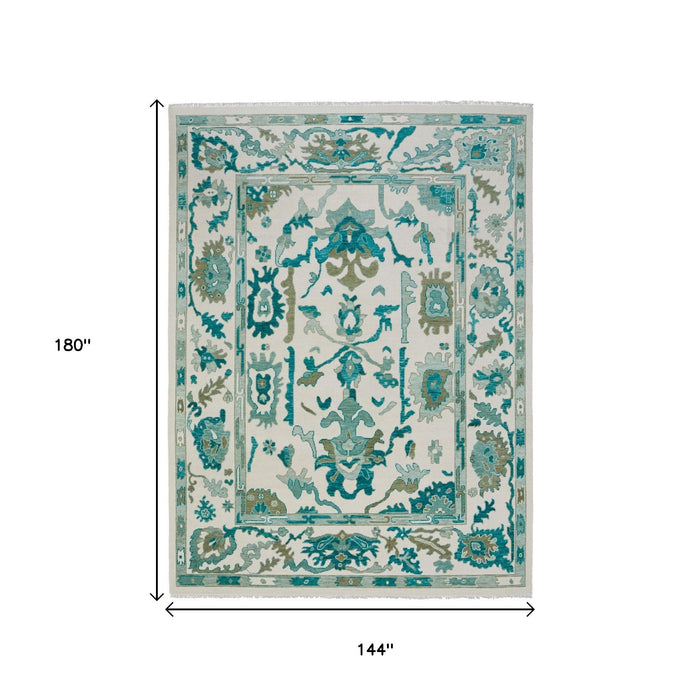12' X 15' Floral Hand Knotted Area Rug With Fringe - Green And Ivory