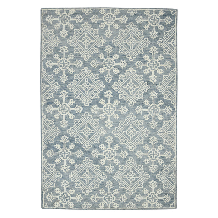 8' X 11' Wool Geometric Hand Hooked Area Rug - Sky Blue And Ivory