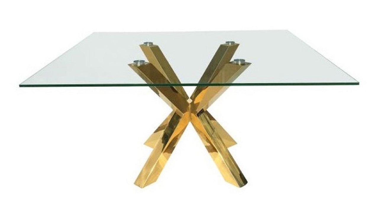 60" Glass And Metal Cross Leg Base Square Dining Room Table - Clear