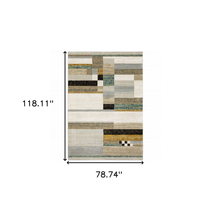 7' x 10' Geometric Power Loom Area Rug - Beige Gold Black Gray Tan Teal And Rust