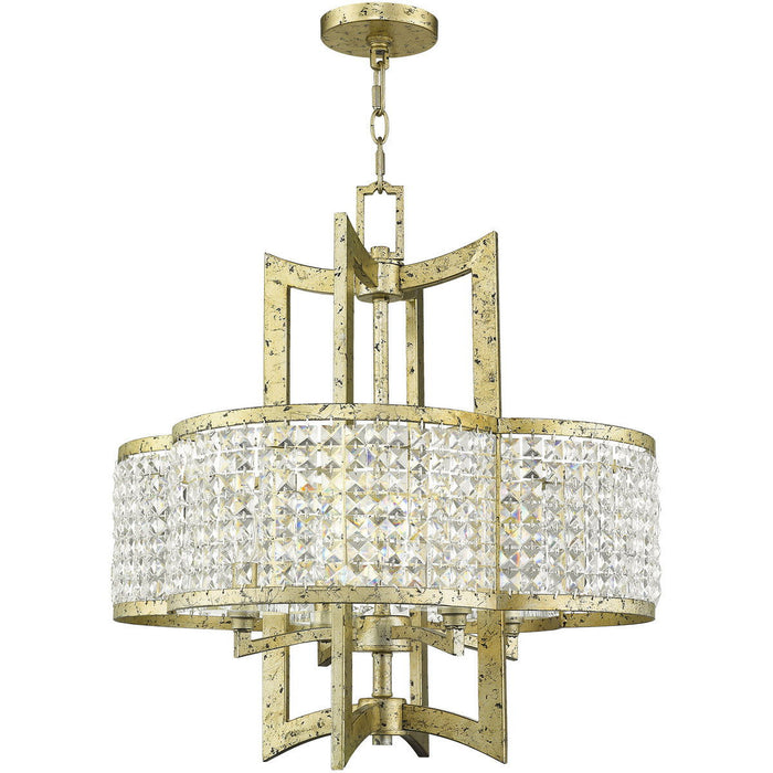 HomeRoots 24-inch gold metal chandelier with four clear shades and dimmable feature, hanging with visible metal arms.